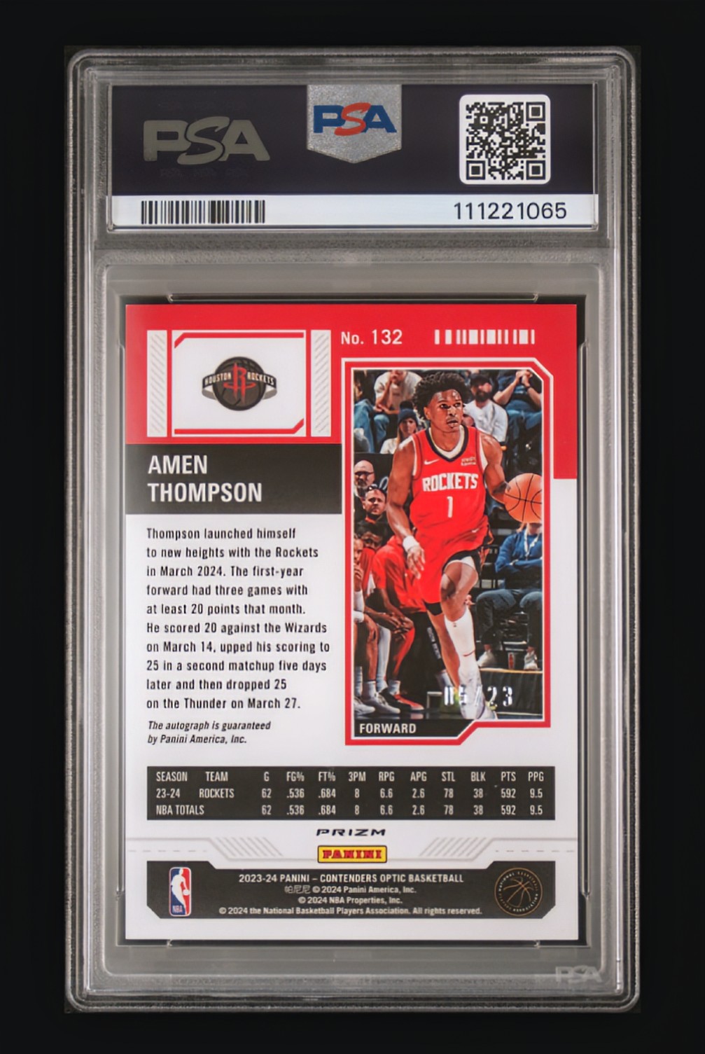 2023-24 Panini Contenders Optic Amen Thompson Rookie Ticket Autograph Cracked Ice #132 – PSA 9 MINT / AUTO 10 (Ultra-Rare Serial /23)