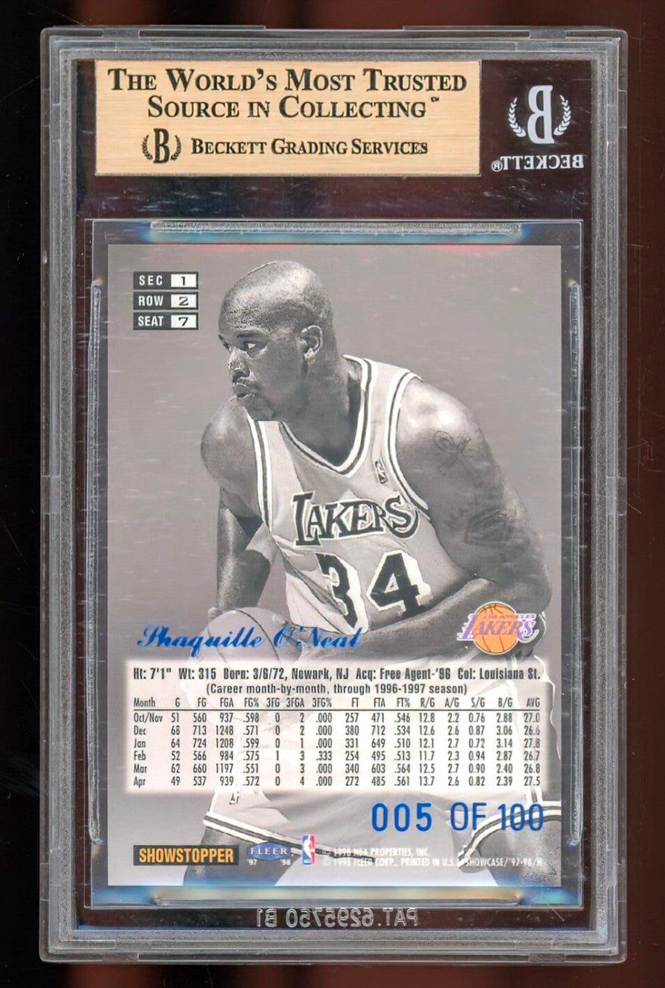 1997-98 Flair Showcase Legacy Collection Shaquille O'Neal Row 2 #7 /100 – BGS 9.5 Gem Mint (Low Serial #005/100)