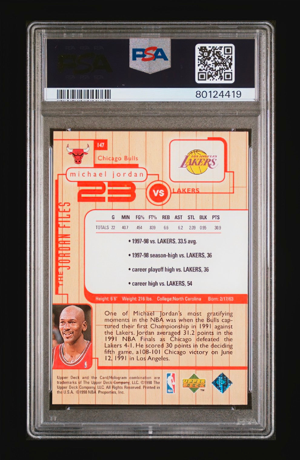 1998 Upper Deck MJ Living Legend "The Jordan Files" Michael Jordan vs Lakers #147 — PSA 10 Gem Mint
