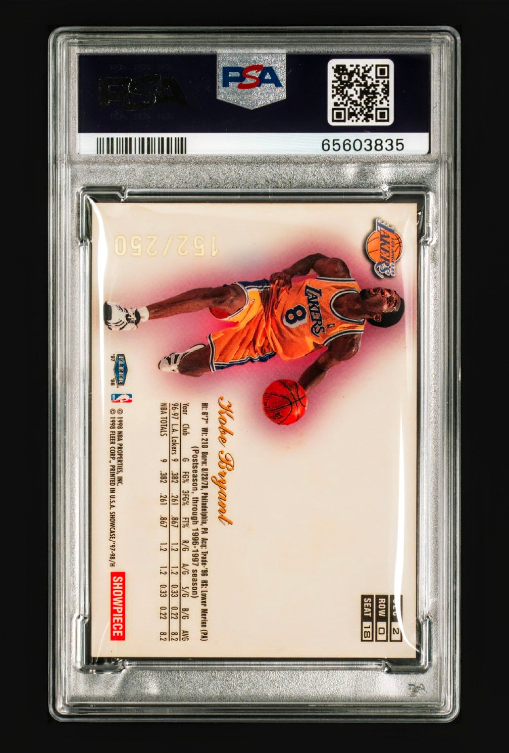 1997-98 Flair Showcase Kobe Bryant Row 0 /250 #18 – PSA 9 MINT (Masterpiece Showpiece Parallel)