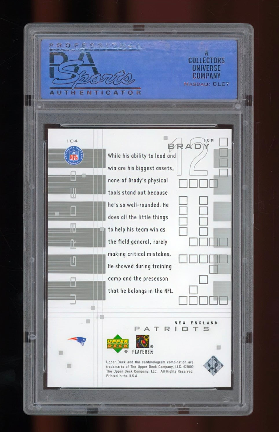 2000 Upper Deck Graded Tom Brady Rookie #104 — Serial Numbered 0938/1325 — PSA 10 Gem Mint