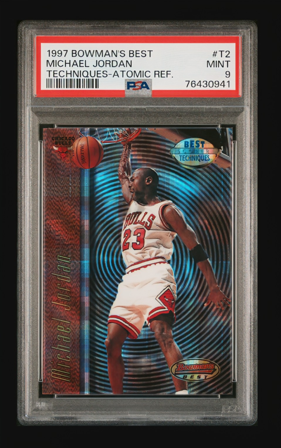 1997 Bowman's Best Techniques Atomic Refractor Michael Jordan #T2 — PSA 9 Mint