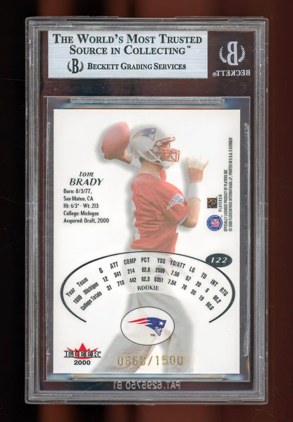 2000 Fleer E-X Tom Brady Rookie Card #122 – BGS 9 MINT (Ultra-Rare Serial 0868/1500 – Essential Gridiron GOAT Rookie)