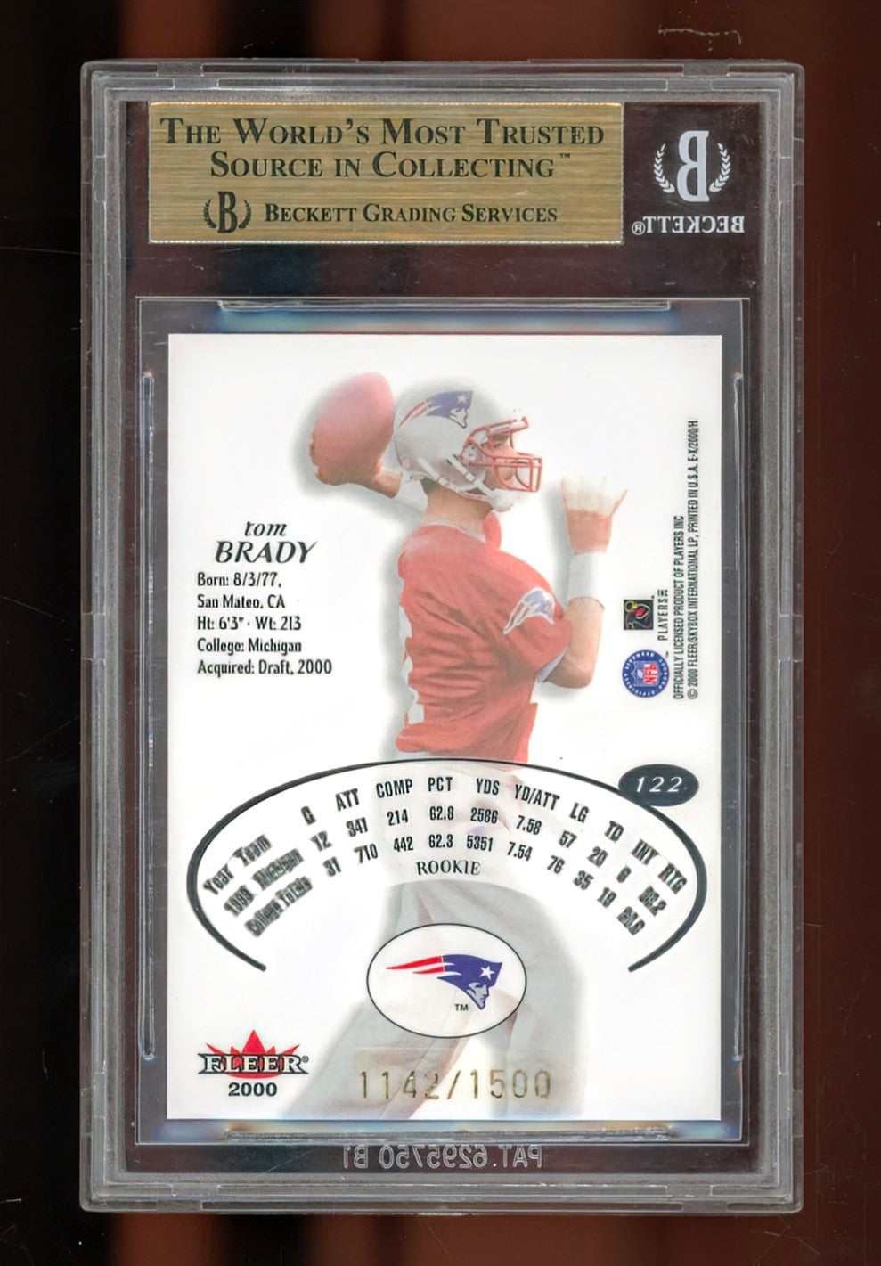 2000 E-X Tom Brady Essential Credentials / Base Rookie #122 — Serial Numbered 1142/1500 — BGS 9.5 Gem Mint (Dual 10 Subgrades)