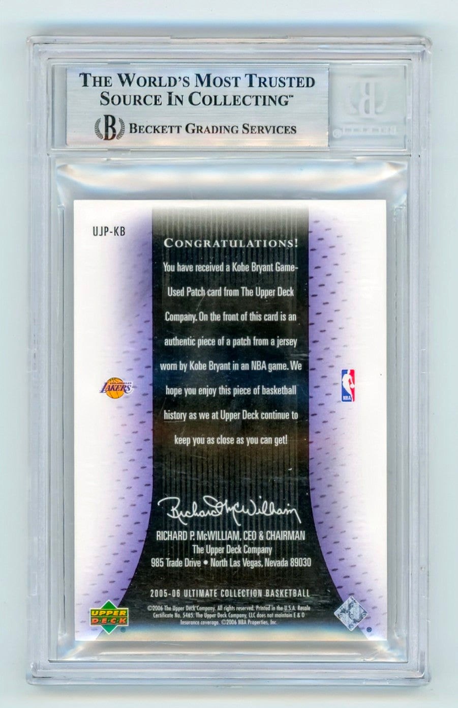 2005-06 Upper Deck Ultimate Collection Patches Kobe Bryant #UJP-KB – BGS 8.5 NM-MT+ (Stunning 3-Color Game-Used Jersey Patch – Serial-Numbered /75)