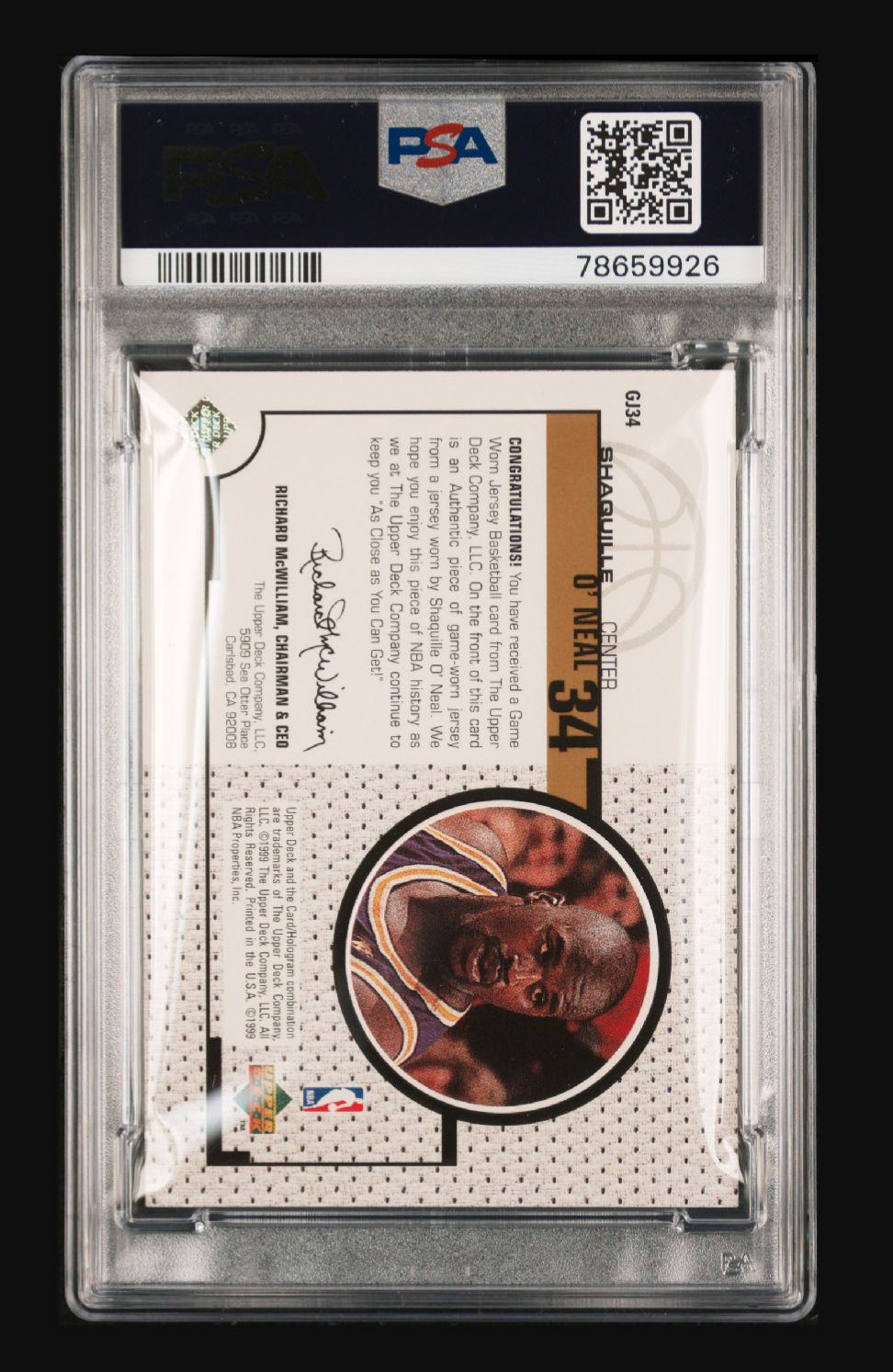 1998-99 Upper Deck Game Jersey Shaquille O'Neal #GJ34 – PSA 8 NM-MT (Lakers Game-Worn Swatch)