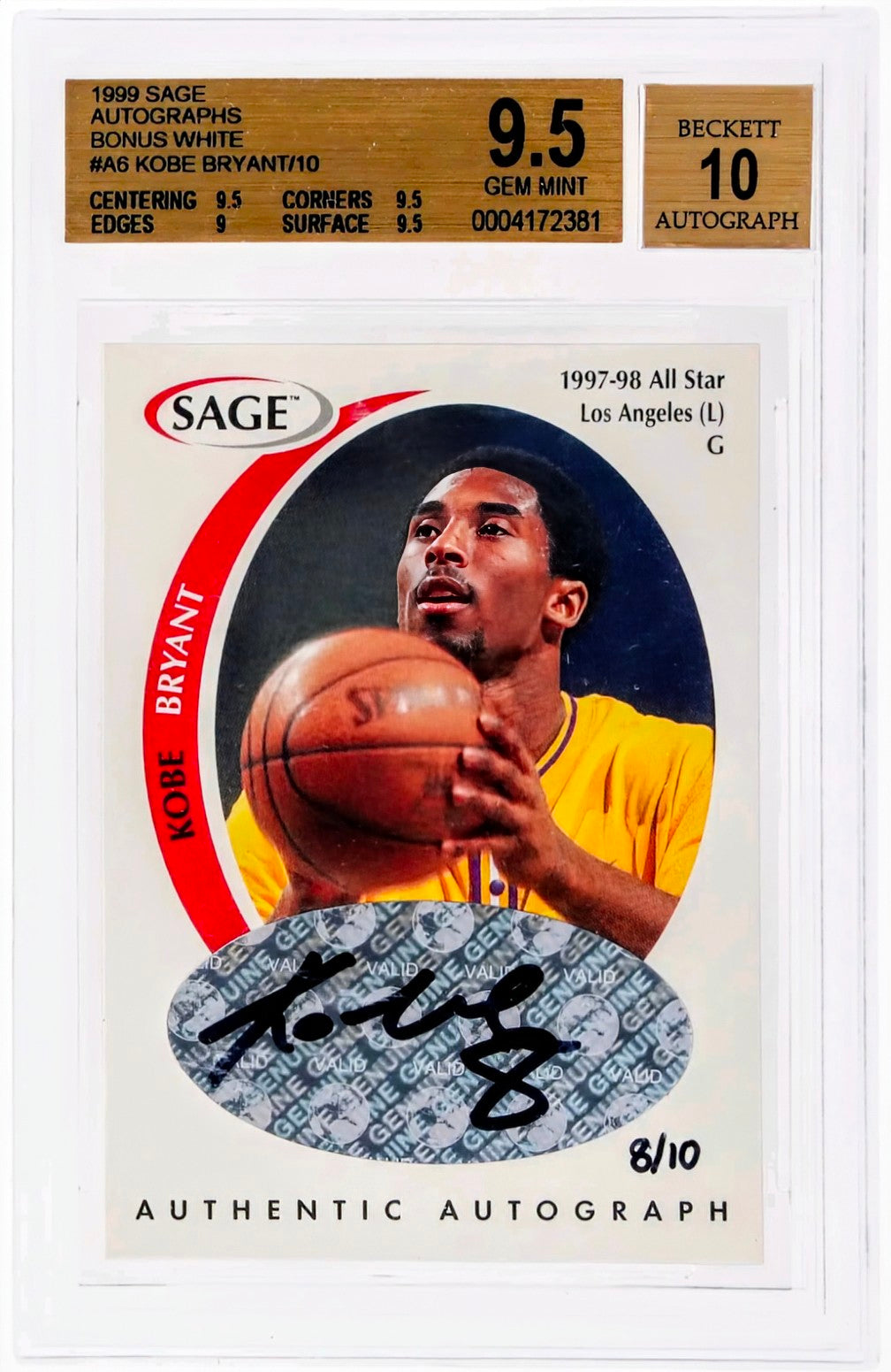 1999 SAGE Autographs Bonus White Kobe Bryant #A6 – BGS 9.5 GEM MINT / 10 Auto