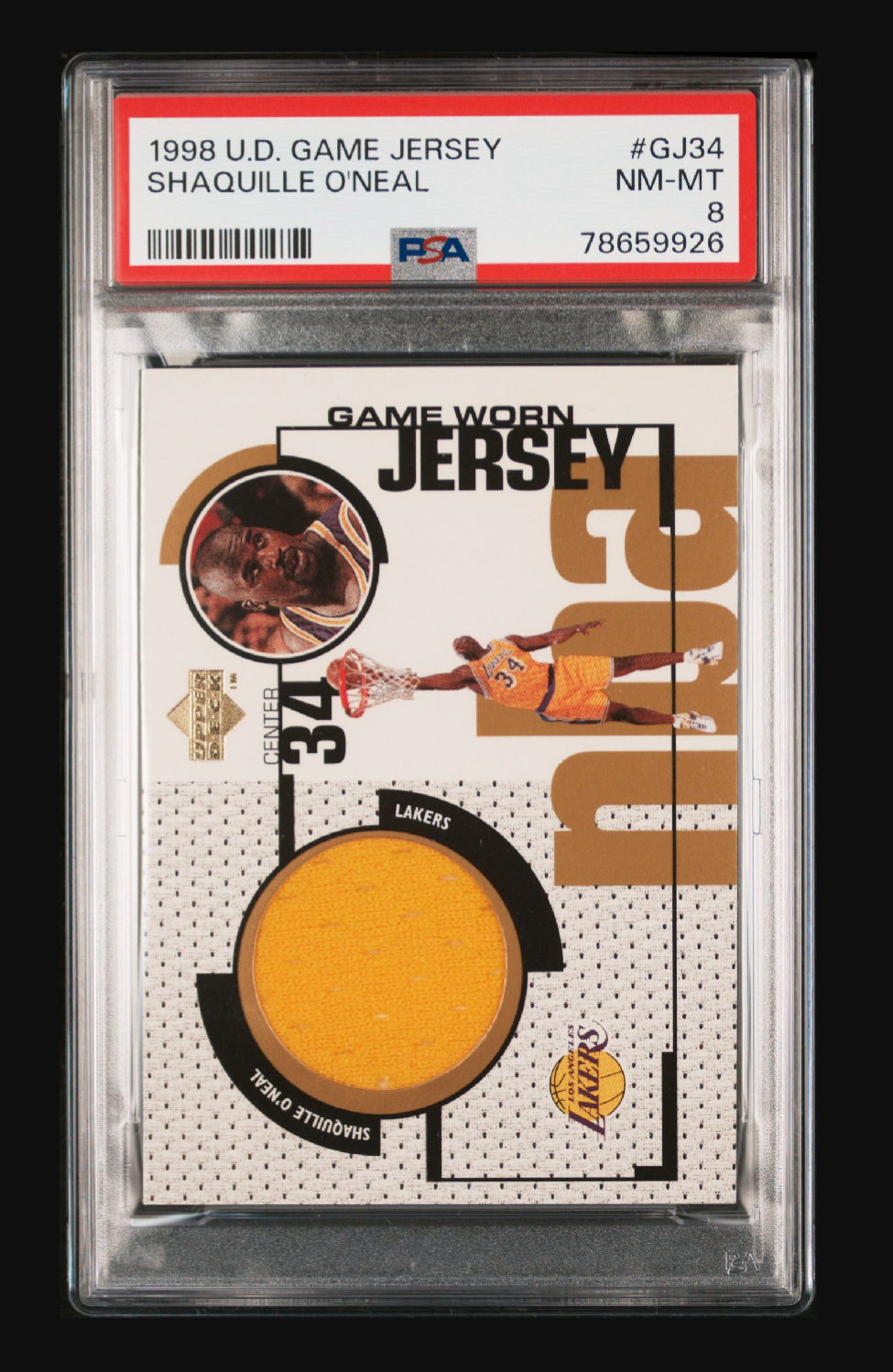 1998-99 Upper Deck Game Jersey Shaquille O'Neal #GJ34 – PSA 8 NM-MT (Lakers Game-Worn Swatch)