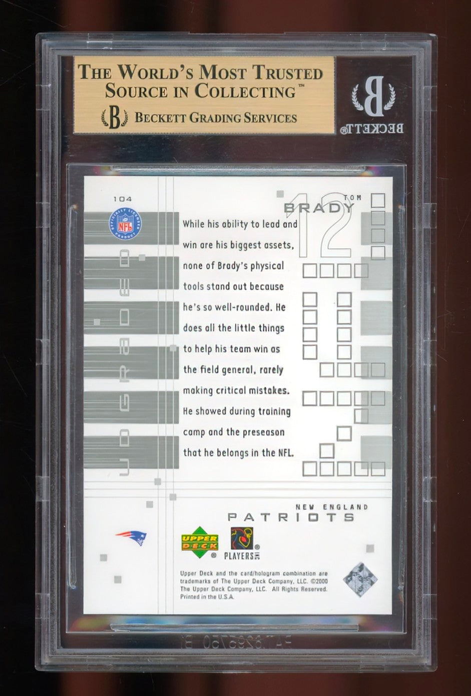 2000 Upper Deck Graded Tom Brady Rookie Card #104 – BGS 9.5 GEM MINT