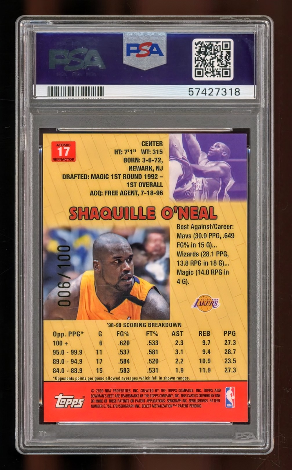 1999 Bowman's Best Shaquille O'Neal Atomic Refractor #17 — Serial Numbered 006/100 — PSA 9 Mint