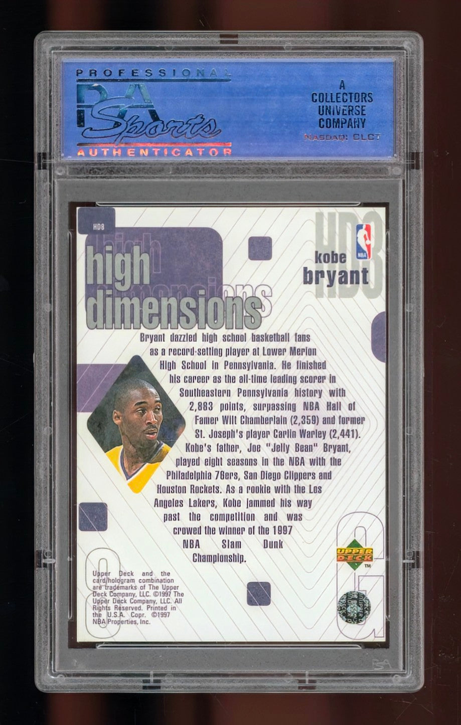 1997 Upper Deck High Dimensions Kobe Bryant #HD8 — Serial Numbered 0925/2000 — PSA 10 Gem Mint