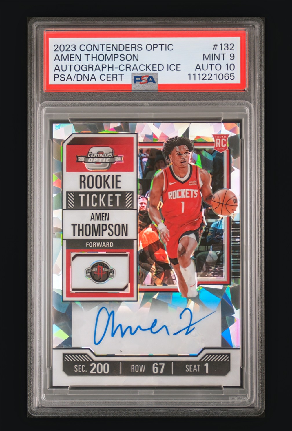 2023-24 Panini Contenders Optic Amen Thompson Rookie Ticket Autograph Cracked Ice #132 – PSA 9 MINT / AUTO 10 (Ultra-Rare Serial /23)