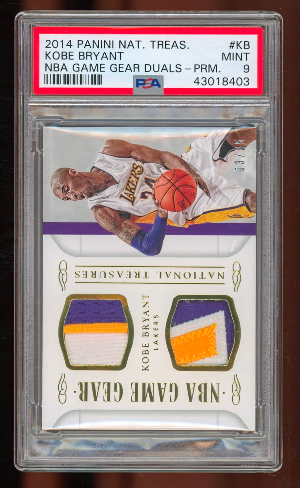 2014 Panini National Treasures Kobe Bryant NBA Game Gear Duals Prime /25 – PSA 9 MINT (Multi-Color Patches)