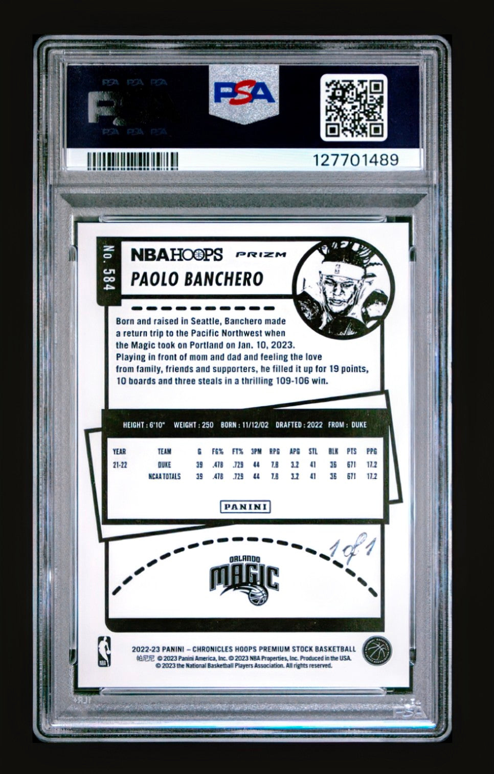 2022 Panini Chronicles Hoops Premium Stock Paolo Banchero Black 1/1 — PSA 9 Mint