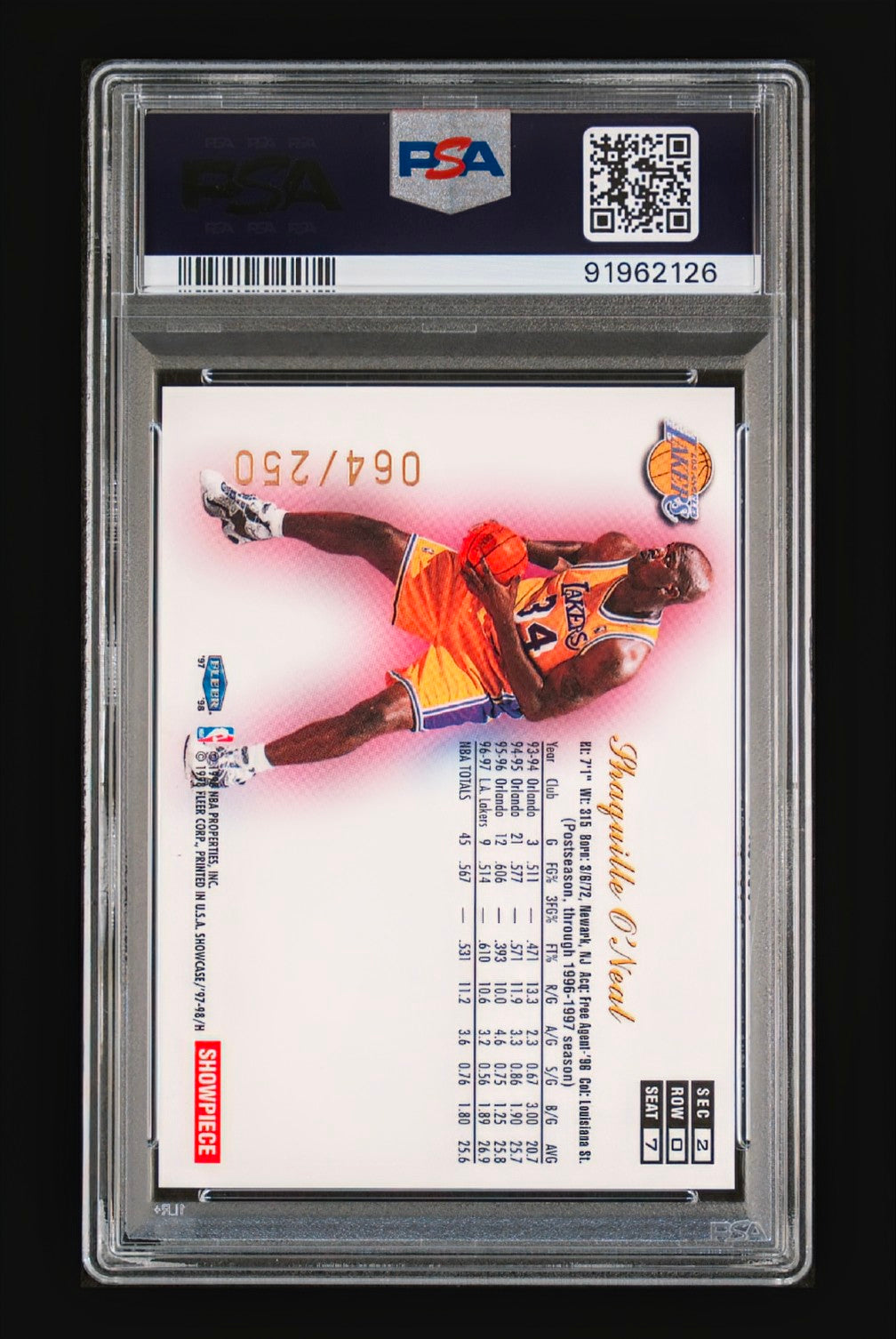 1997 Fleer Flair Showcase Shaquille O'Neal Row 0 "Showpiece" Parallel #7 – PSA 9 MINT