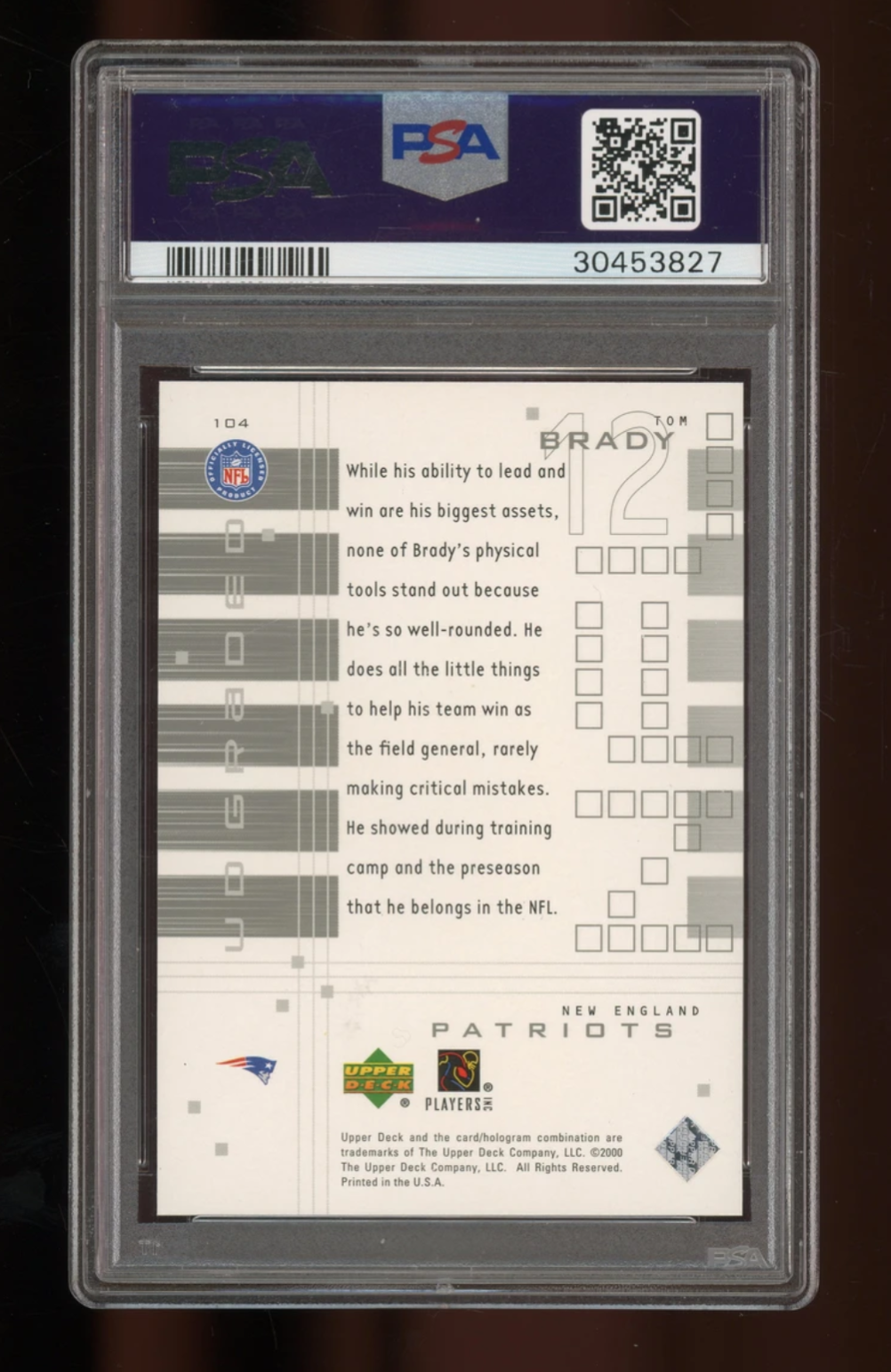 2000 Upper Deck Graded Tom Brady Rookie Card #104 – PSA 10 GEM MT