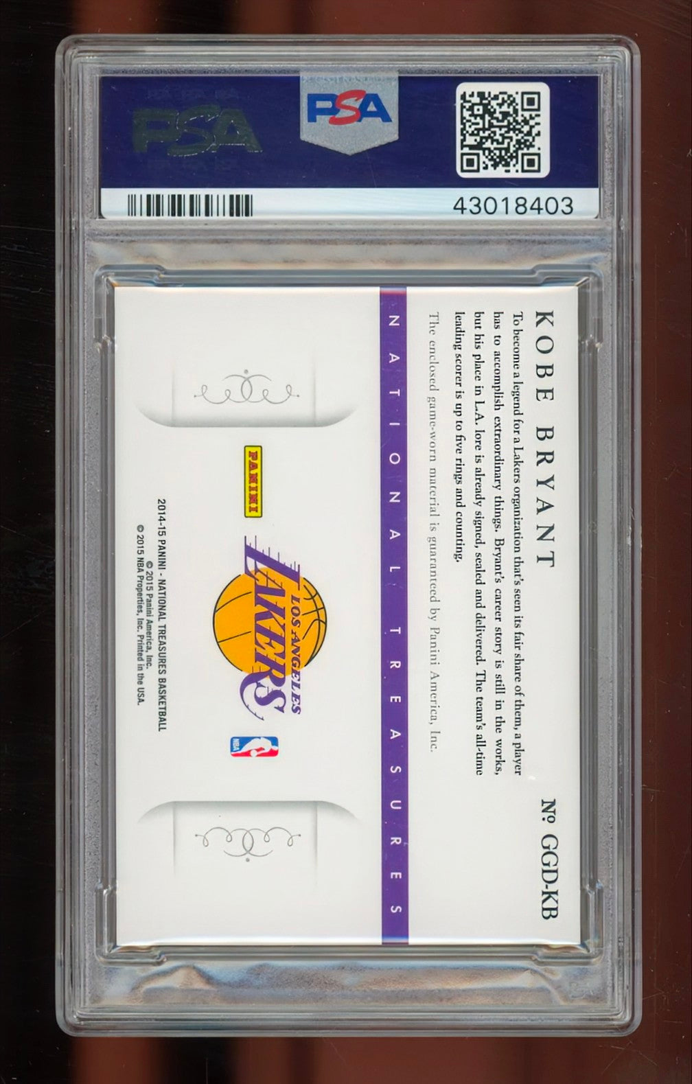 2014 Panini National Treasures Kobe Bryant NBA Game Gear Duals Prime /25 – PSA 9 MINT (Multi-Color Patches)